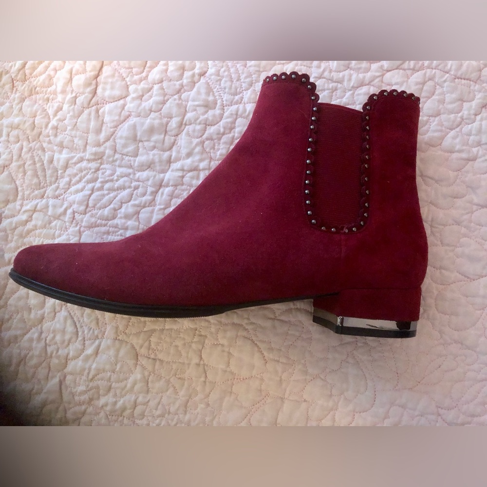 Red suede bootie with gunmetal accents 8.5M